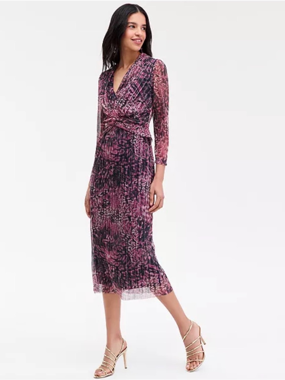 Anne Klein Pink and Black Printed Pleated Midi Dress